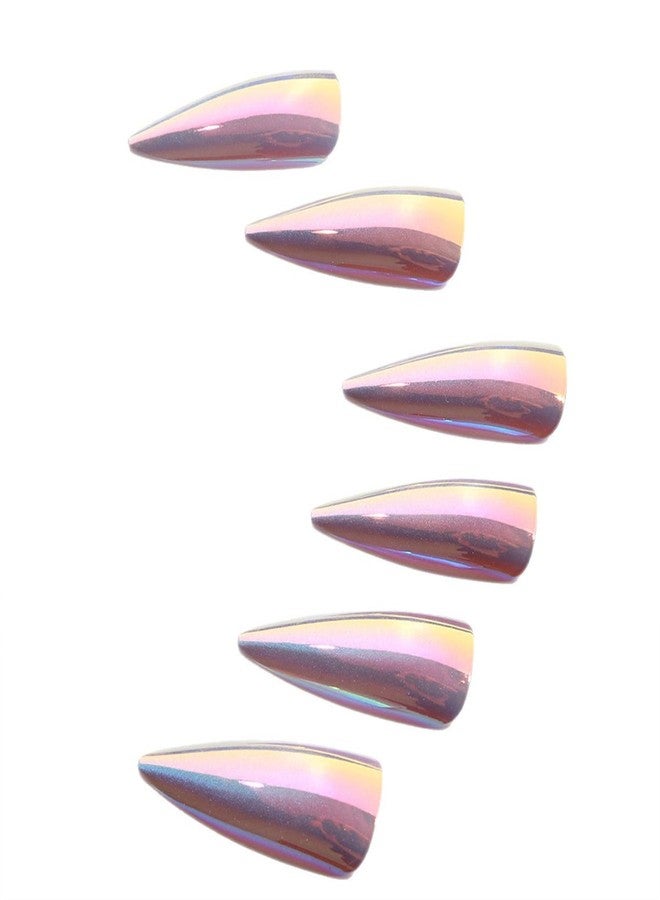 SINHOT Stiletto Press on Nails - Long Fake Nails, Glossy Finish, Blue Cat Eye & Chrome, DIY Artificial False Nail Art - 24 Pcs Nail Kit with Glue - Image 4